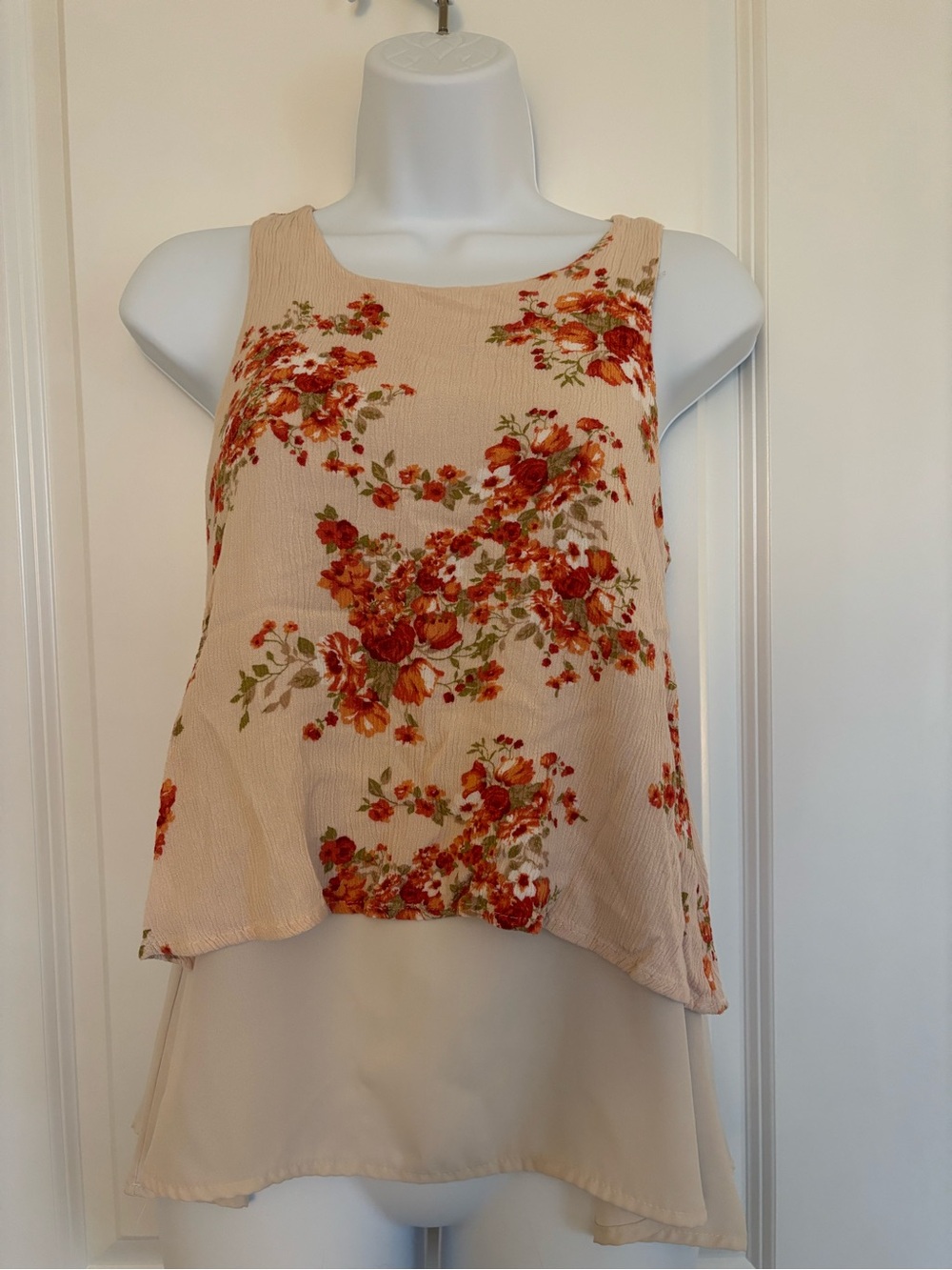 miami Cream Layered Floral Tank with Red-Orange Blooms